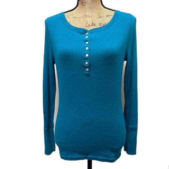 Y2K Aeropostale Long Sleeve Henley Top Teal Blue Stretch Twilightcore Size Large - Picture 1 of 3